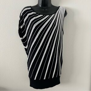 Cache Black White Striped Asymmetric Long Knit Top Women’s M Designer Dramatic